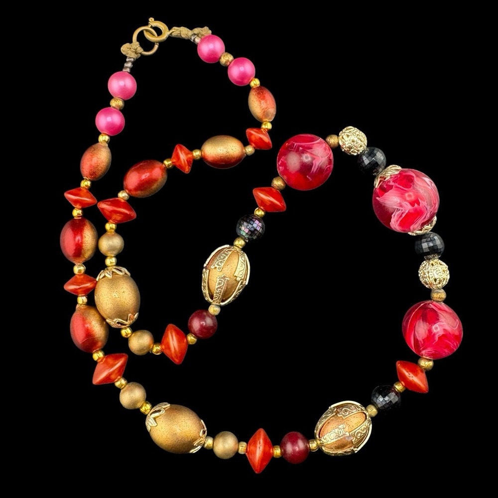 Vintage Beaded Necklace Glass Lucite Retro MCM Red Orange Gold Satin Gold Tone